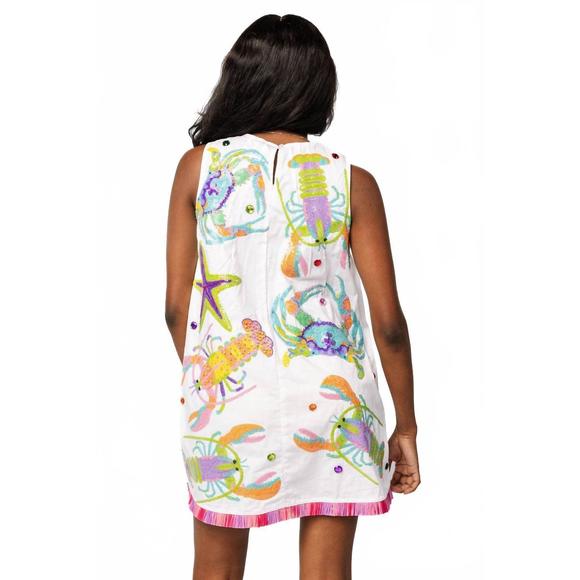 NEW QUEEN OF SPARKLES multi crab starfish & lobster tank fringe dress in white - Picture 3 of 5